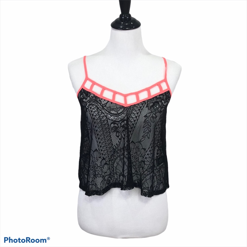 LUSH low back sheer lace loose fit black and neon orange cami